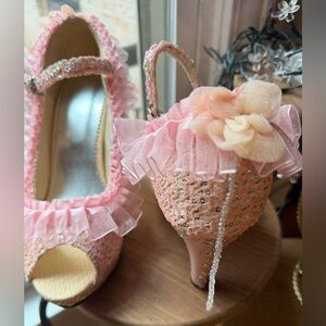 Custom Handmade platform pumps in pinky-peach shades, lots of embellishments.42